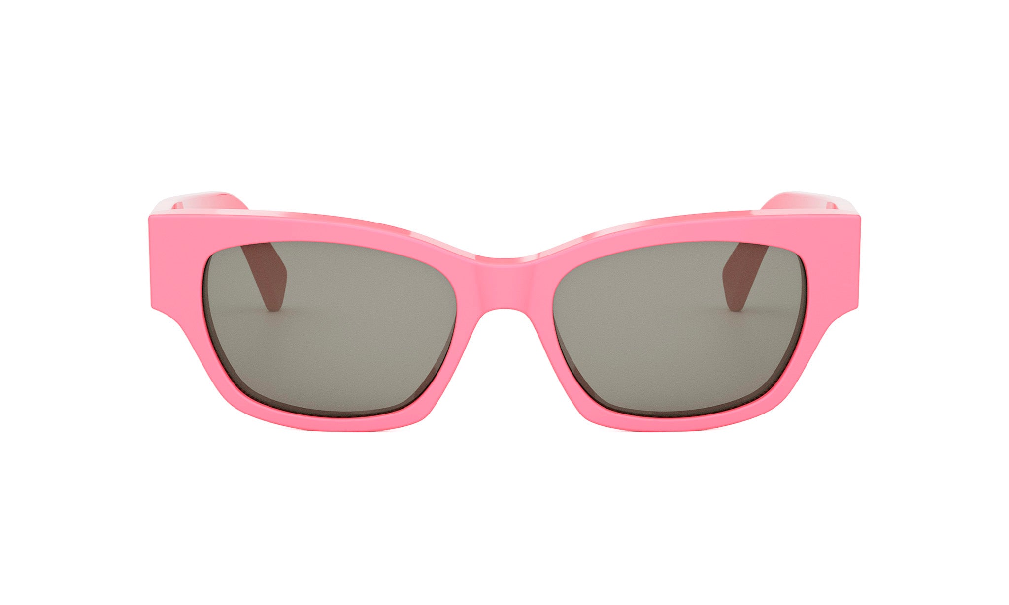 A pair of pink sunglasses with dark lenses.