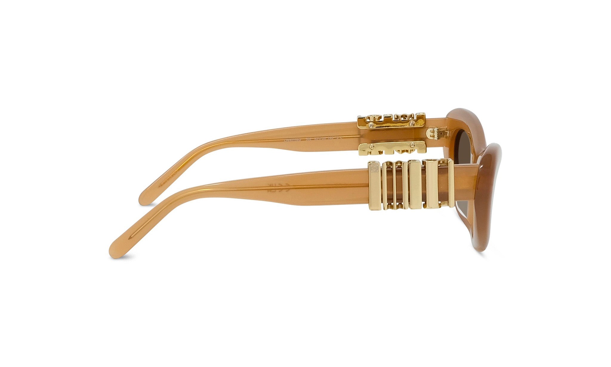 A pair of tan-colored sunglasses with gold-colored metal accents.