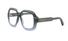 A pair of stylish, square-framed glasses with a dark gray color and a gold-colored logo on the side.