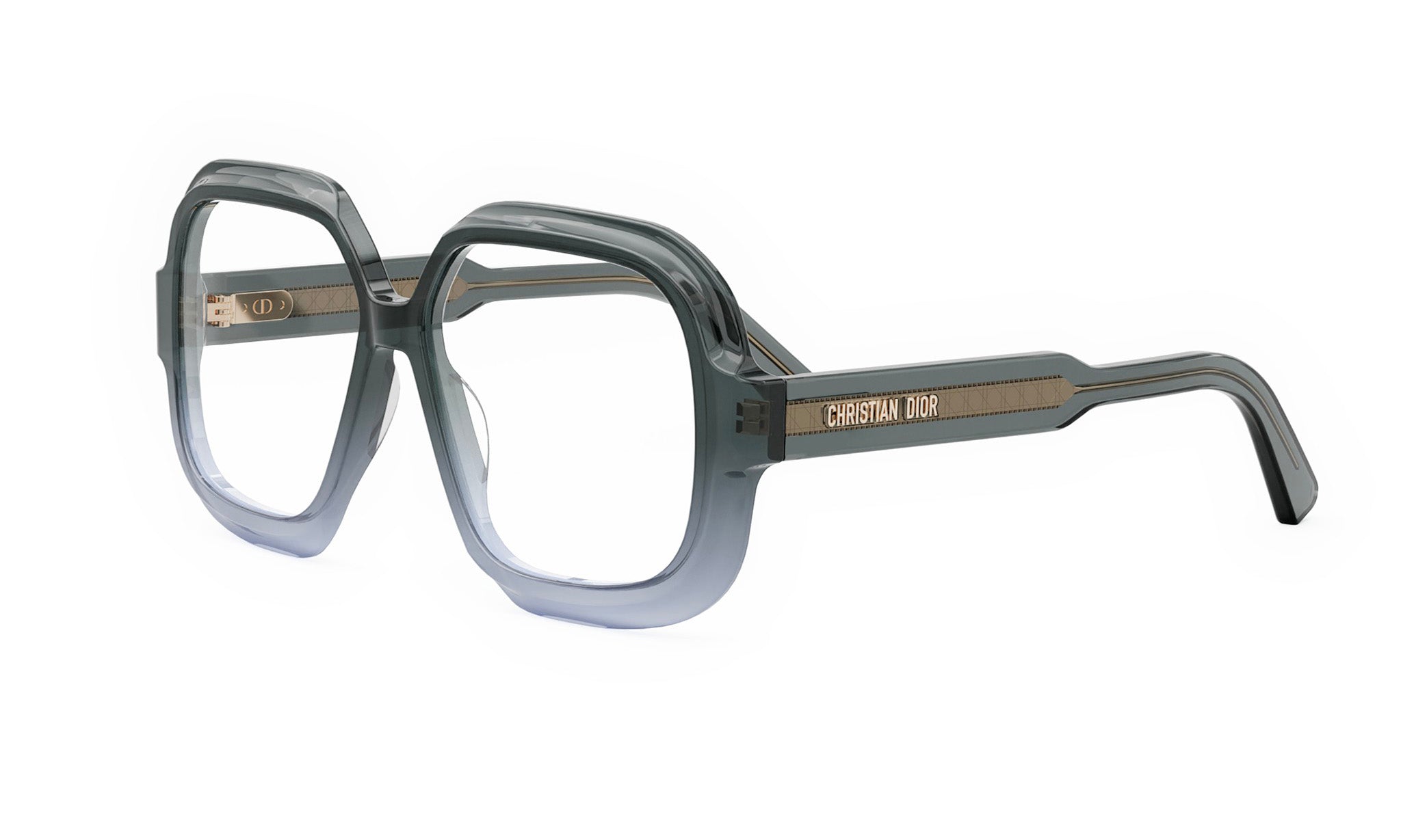 A pair of stylish, square-framed glasses with a dark gray color and a gold-colored logo on the side.