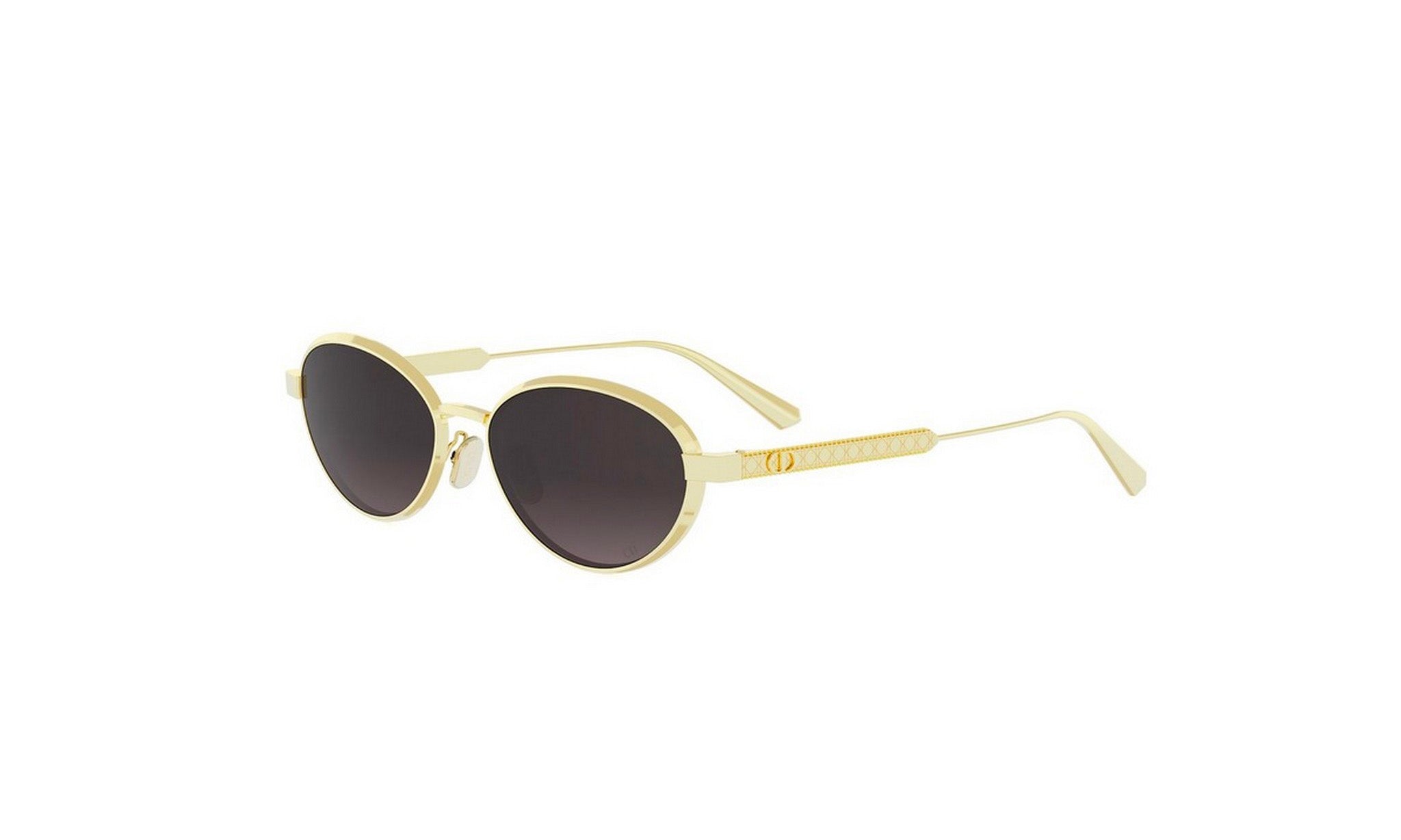 A pair of gold-colored sunglasses with dark lenses.