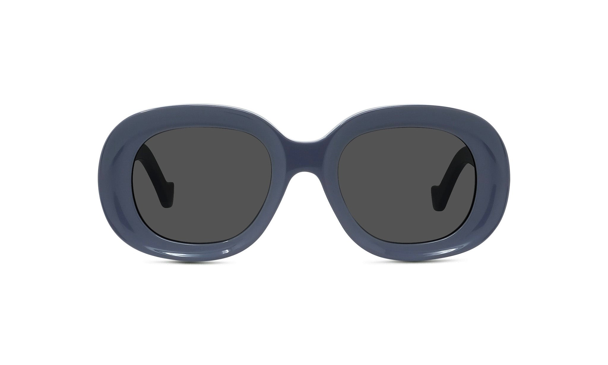 A pair of dark blue oversized sunglasses with dark lenses.
