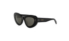 A pair of black sunglasses with a round frame and dark lenses.