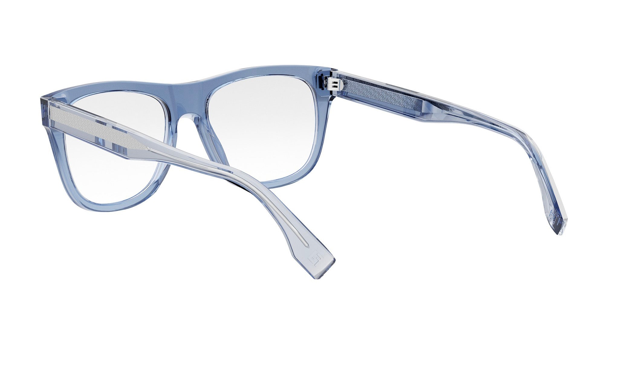 A pair of blue-tinted glasses with clear lenses, positioned in a way that allows the viewer to see the frame and the lenses.