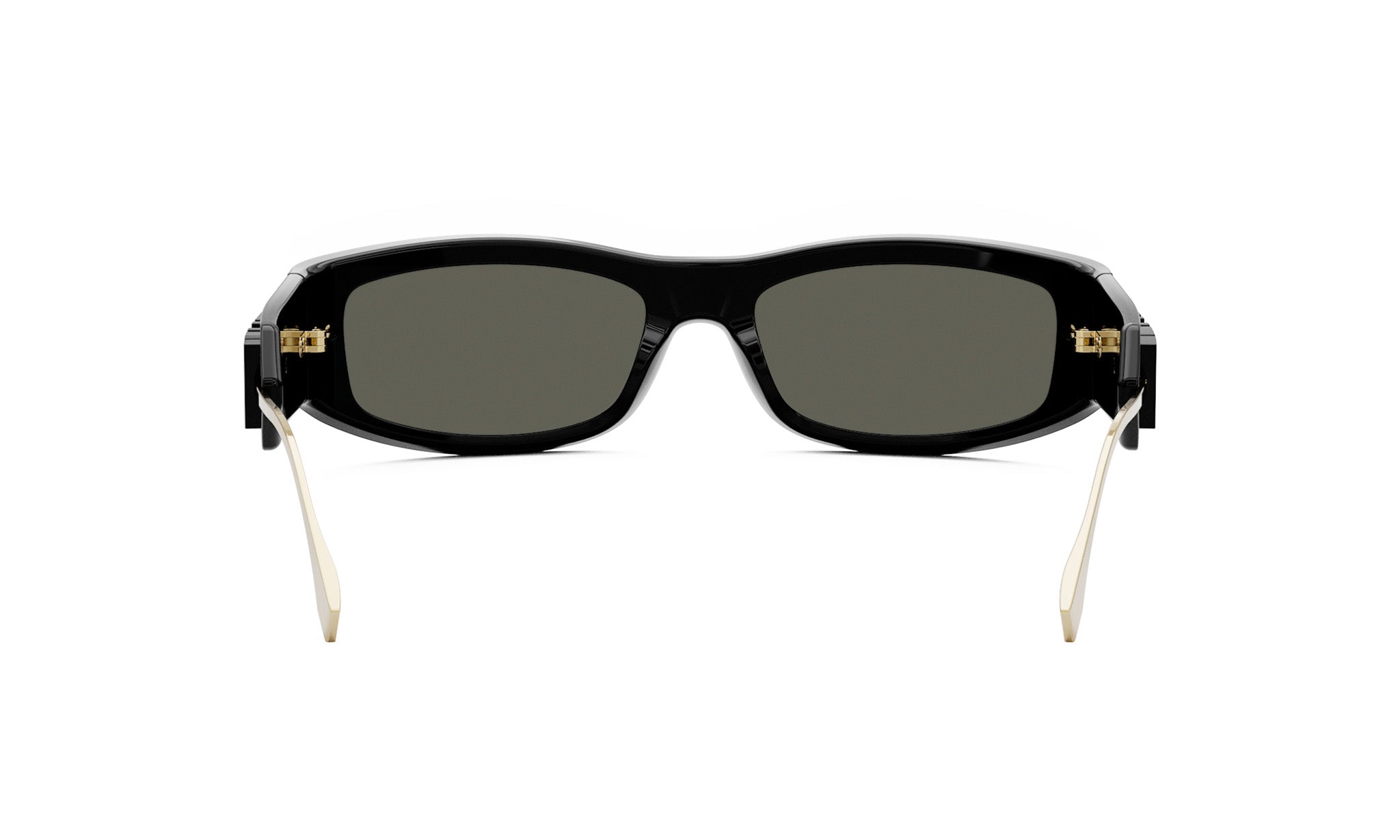 A pair of black sunglasses with dark lenses and gold-colored temples.