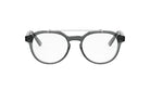 A pair of black-framed glasses with a clear lens, set against a white background.