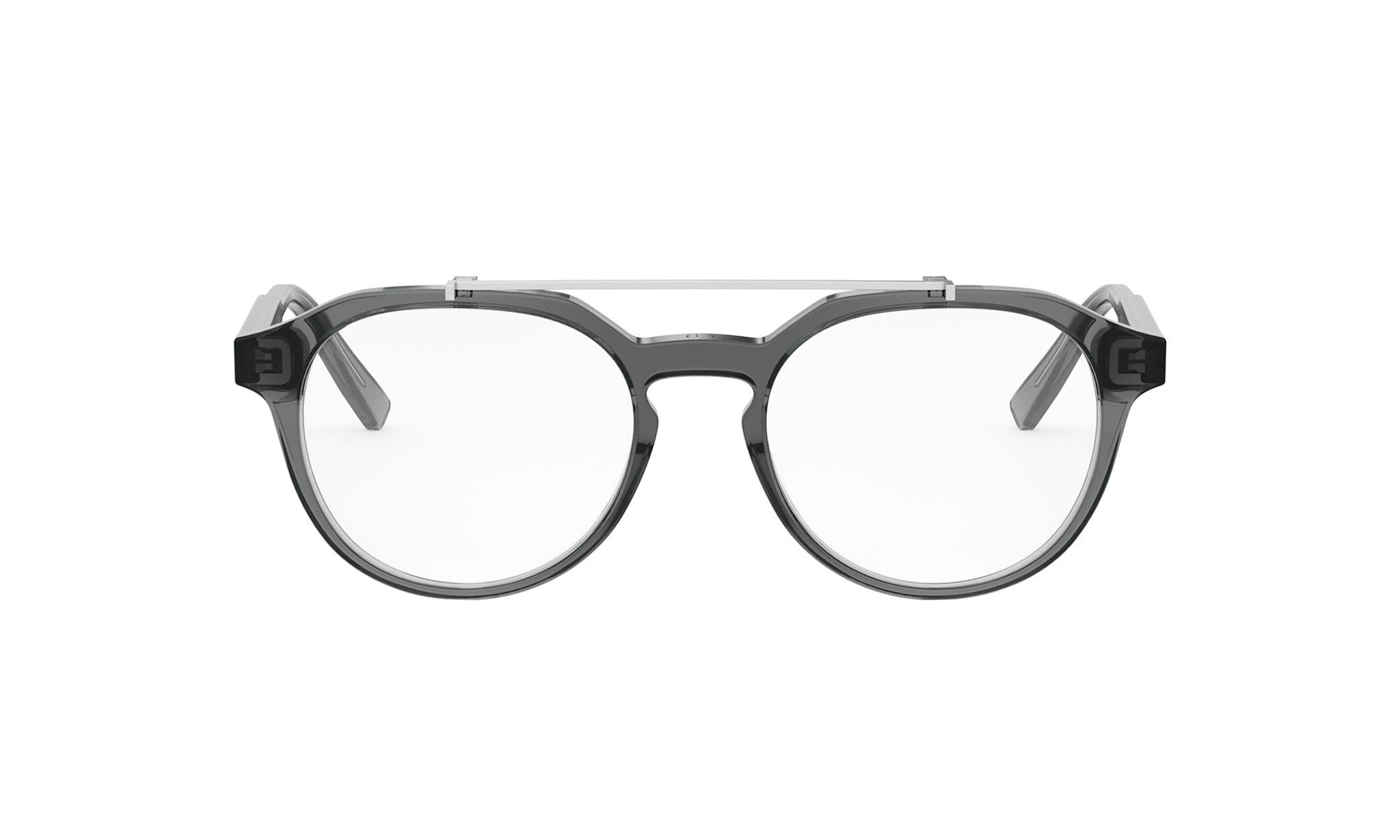 A pair of black-framed glasses with a clear lens, set against a white background.