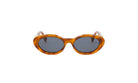 A pair of brown oval-shaped sunglasses with dark lenses.