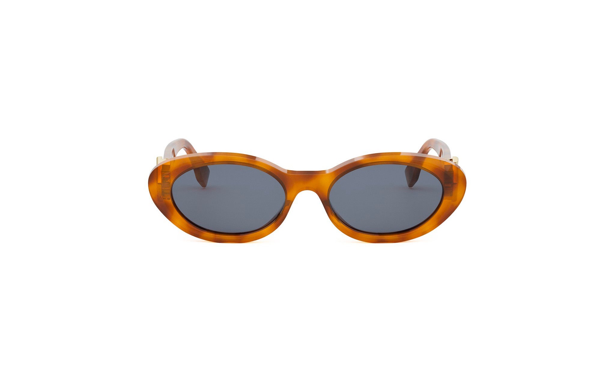 A pair of brown oval-shaped sunglasses with dark lenses.