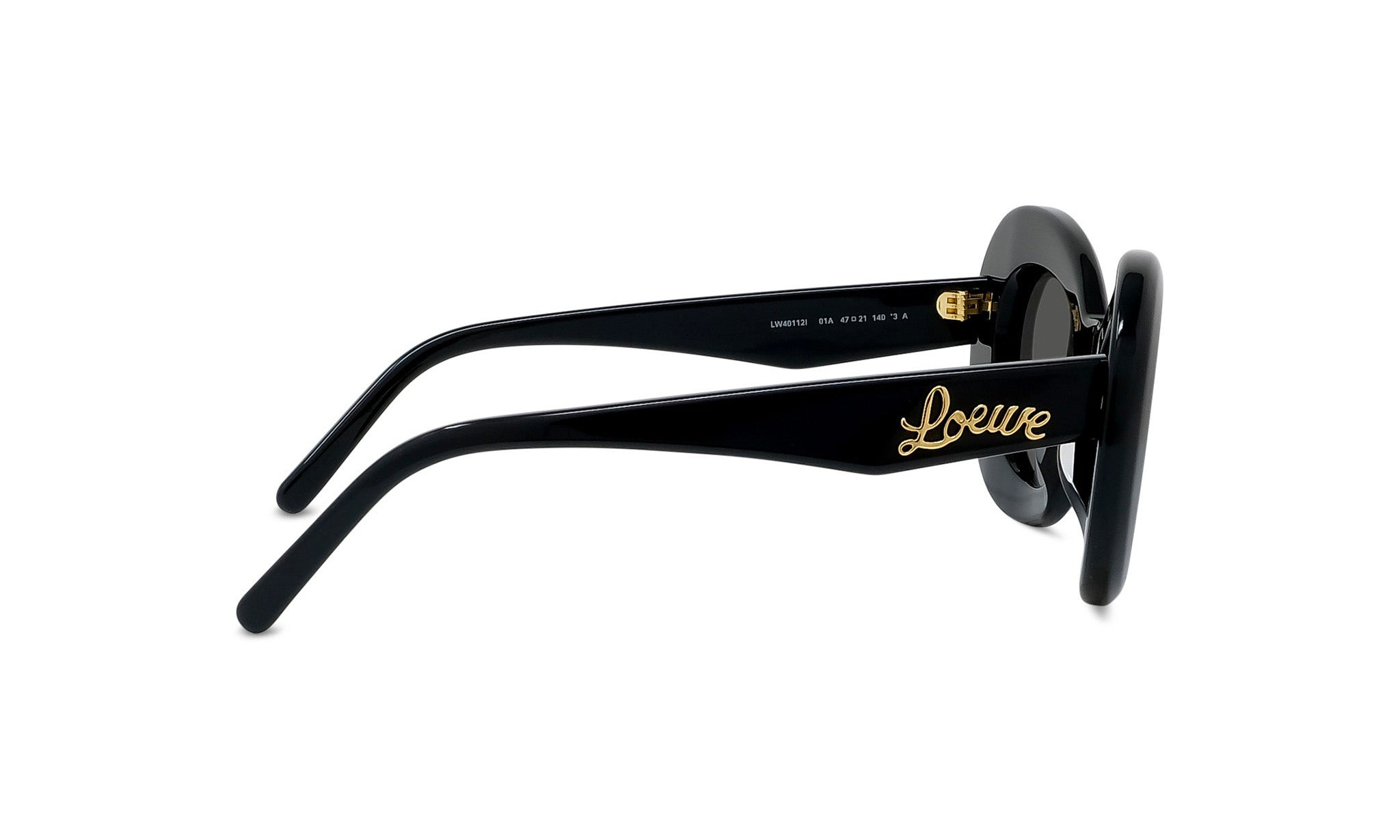 A pair of black sunglasses with gold text on the frame.