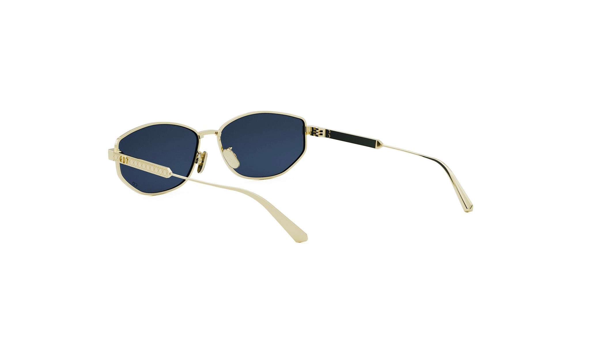 A pair of gold-colored sunglasses with dark blue lenses.