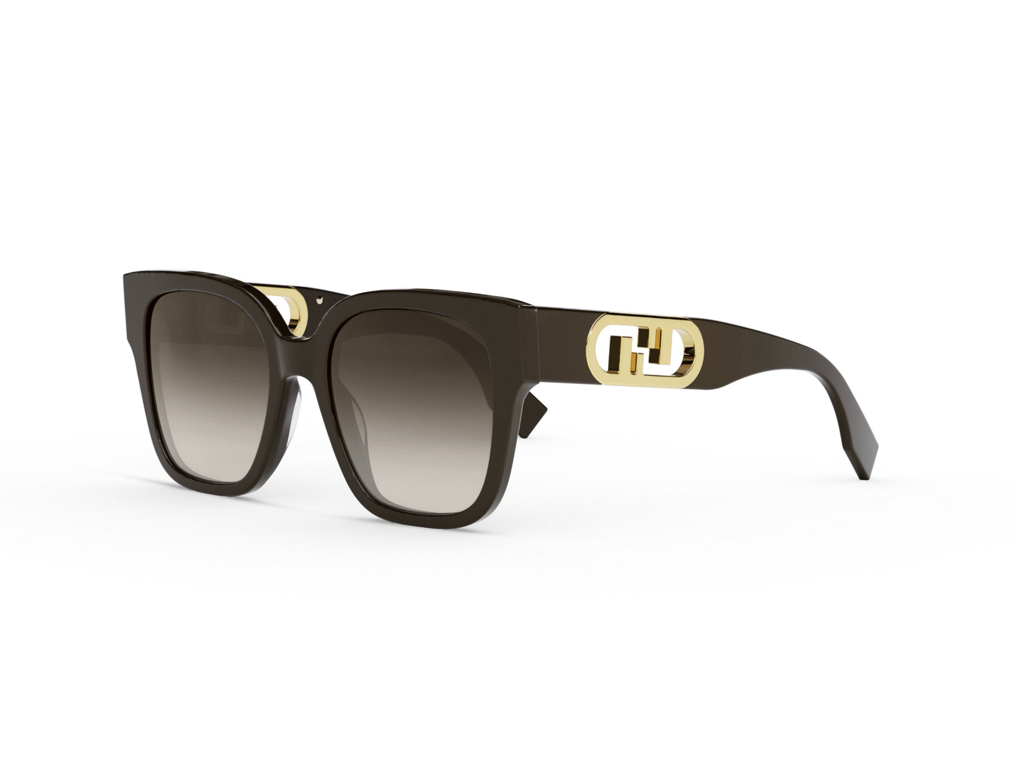 A pair of stylish sunglasses with a gold-colored logo on the frame.