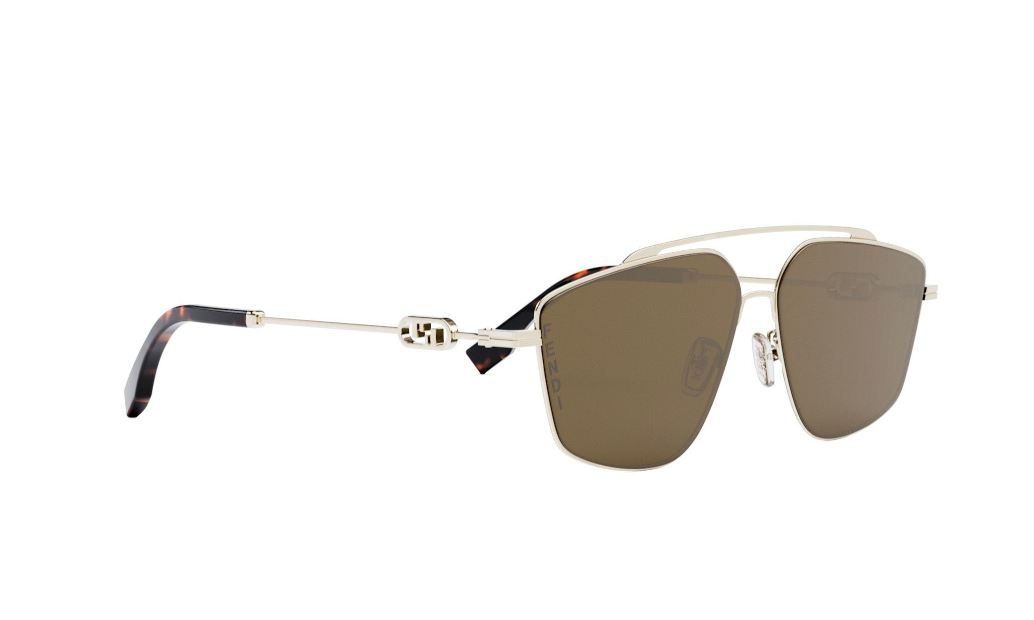 A pair of stylish sunglasses with a dark brown frame and a silver frame.