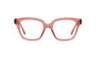 A pair of pink-framed glasses with clear lenses, set against a white background.