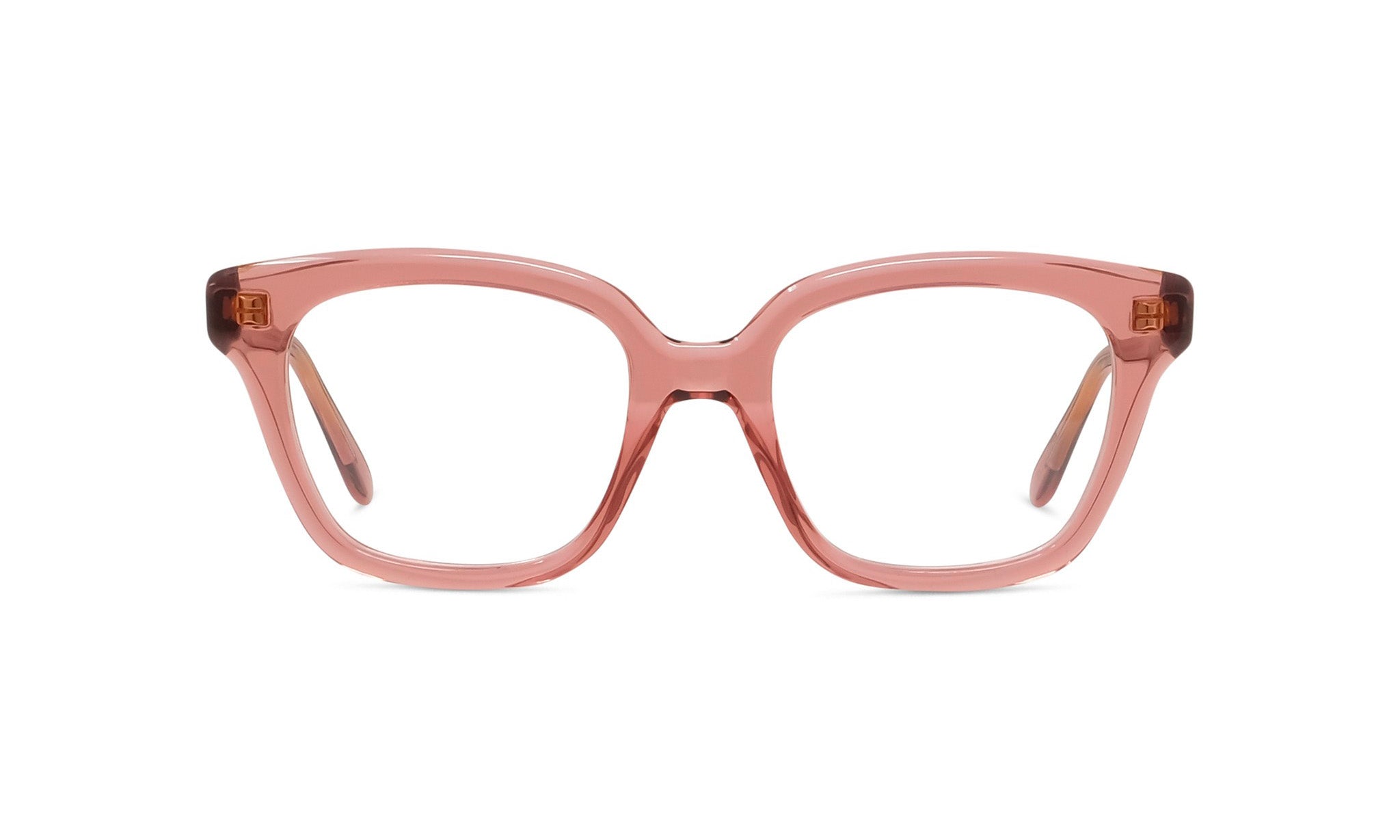 A pair of pink-framed glasses with clear lenses, set against a white background.