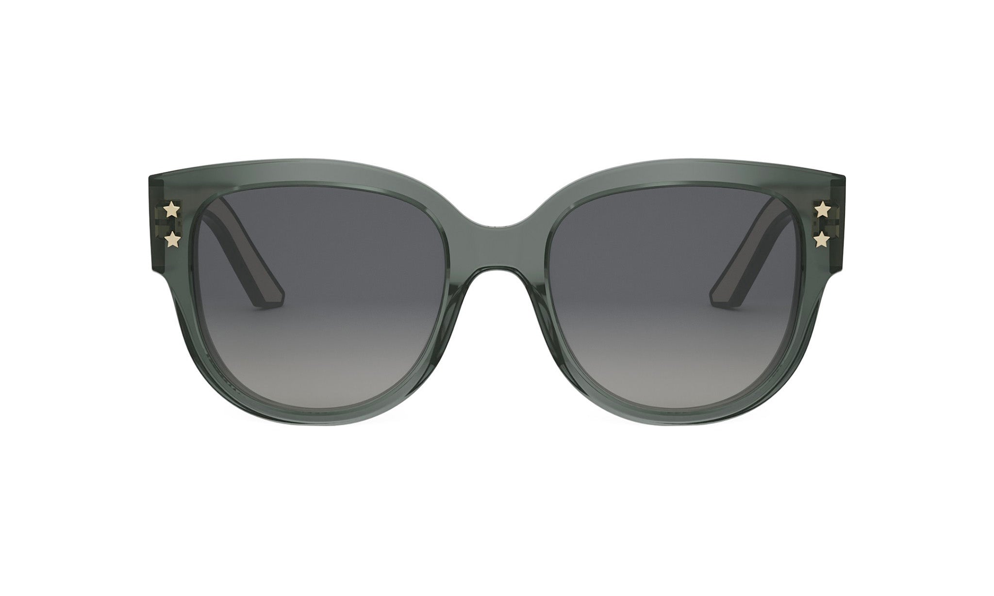 A pair of stylish sunglasses with a dark green frame and star embellishments on the sides.