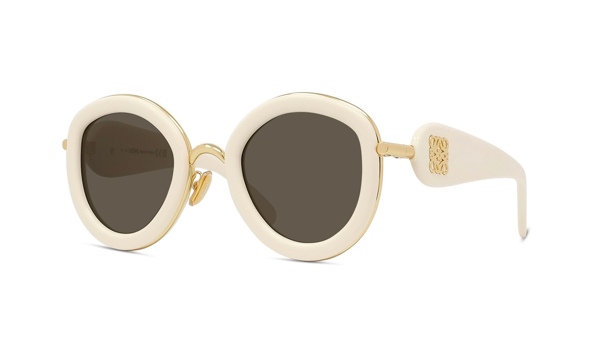 A pair of white, round sunglasses with dark lenses.