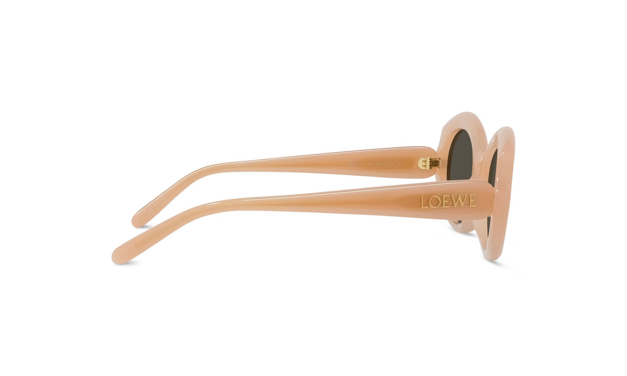 A pair of peach-colored sunglasses with the LOEVE logo visible on the frame.