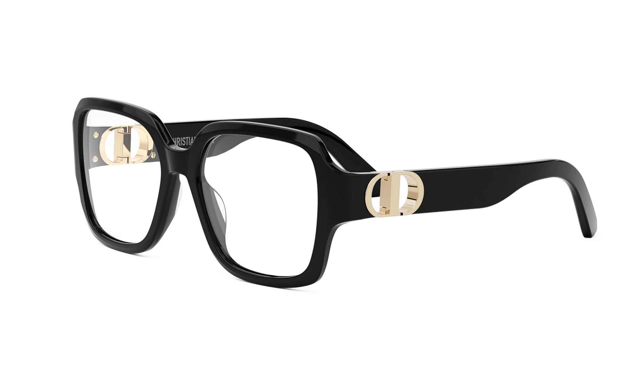 A pair of black-framed glasses with gold accents, including a logo on the frame.