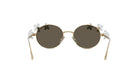 A pair of round, gold-colored sunglasses with dark lenses and white flower-shaped embellishments on the sides.