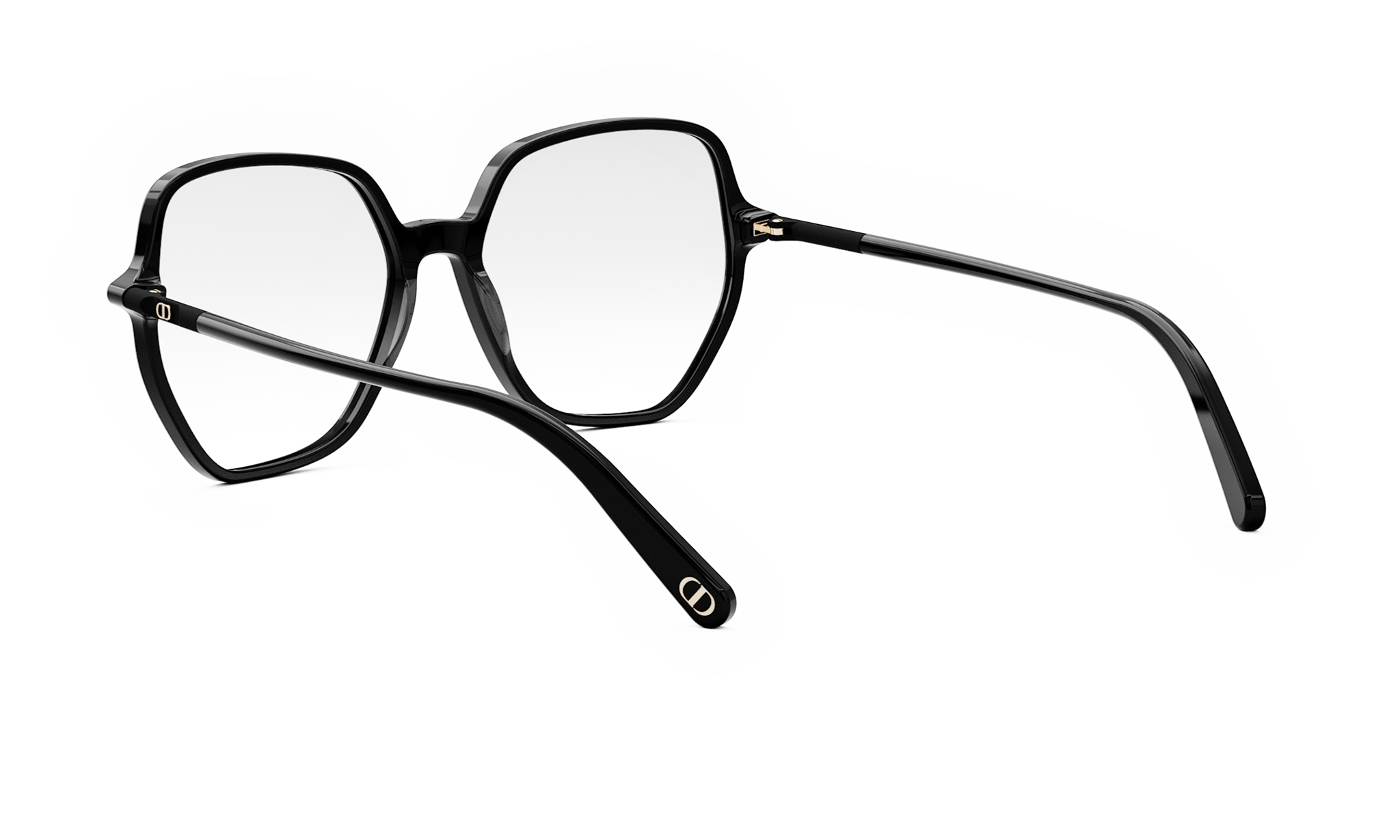 A pair of black-framed glasses with a geometric, modern design.