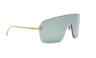 A pair of stylish sunglasses with a gold frame and dark blue lenses.