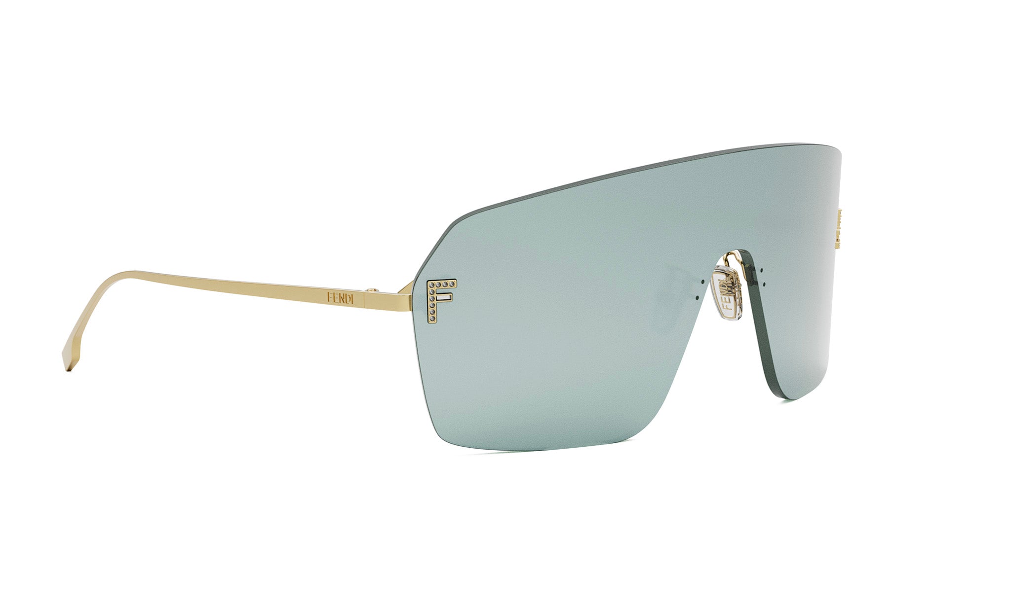 A pair of stylish sunglasses with a gold frame and dark blue lenses.