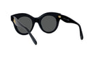A pair of black cat-eye sunglasses with dark lenses.