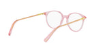 A pair of pink-framed glasses with gold accents, positioned on a white background.