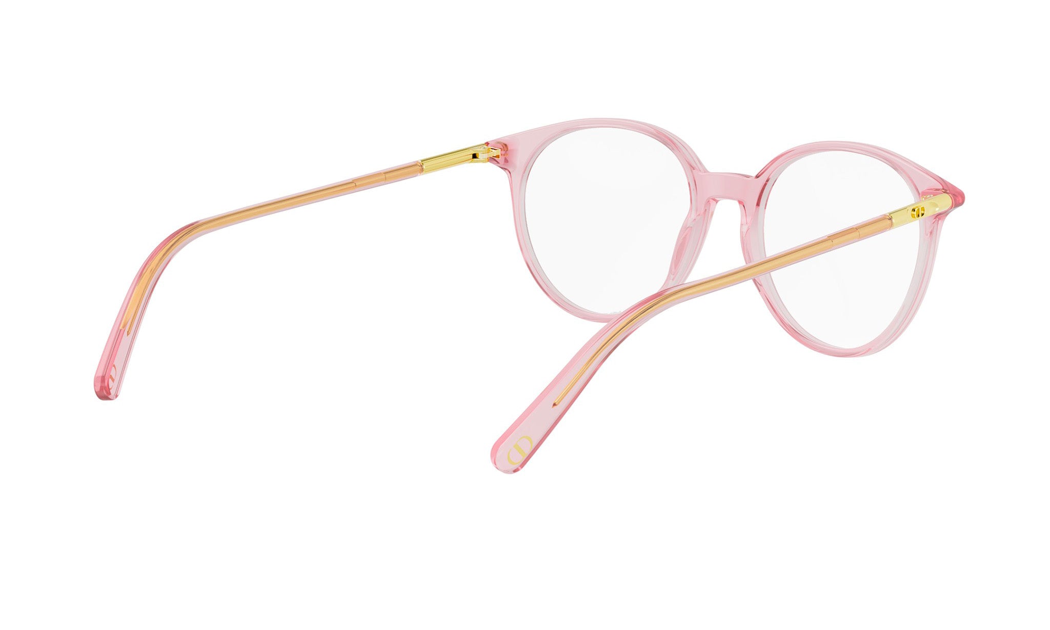 A pair of pink-framed glasses with gold accents, positioned on a white background.