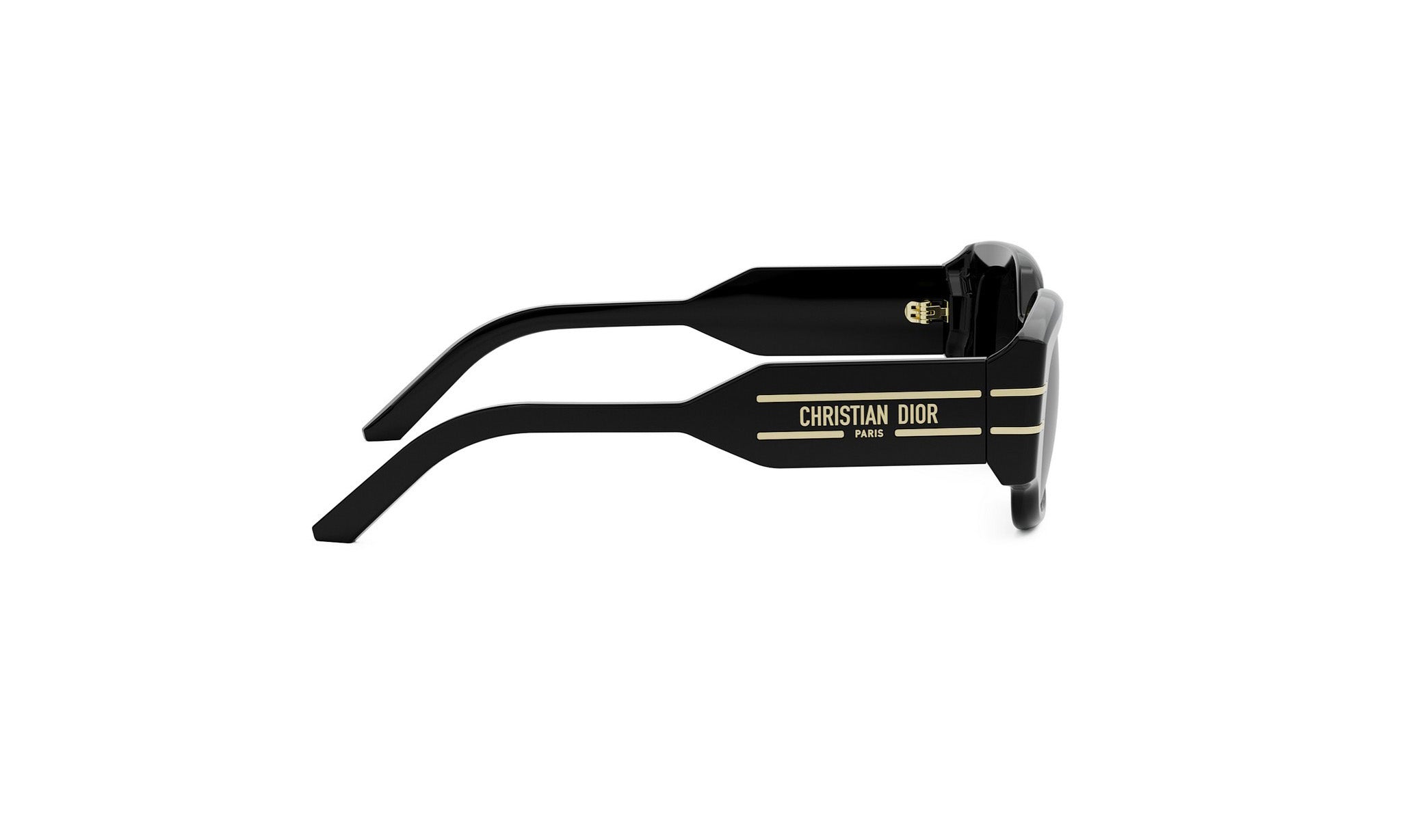 A pair of black sunglasses with gold text on the frame.