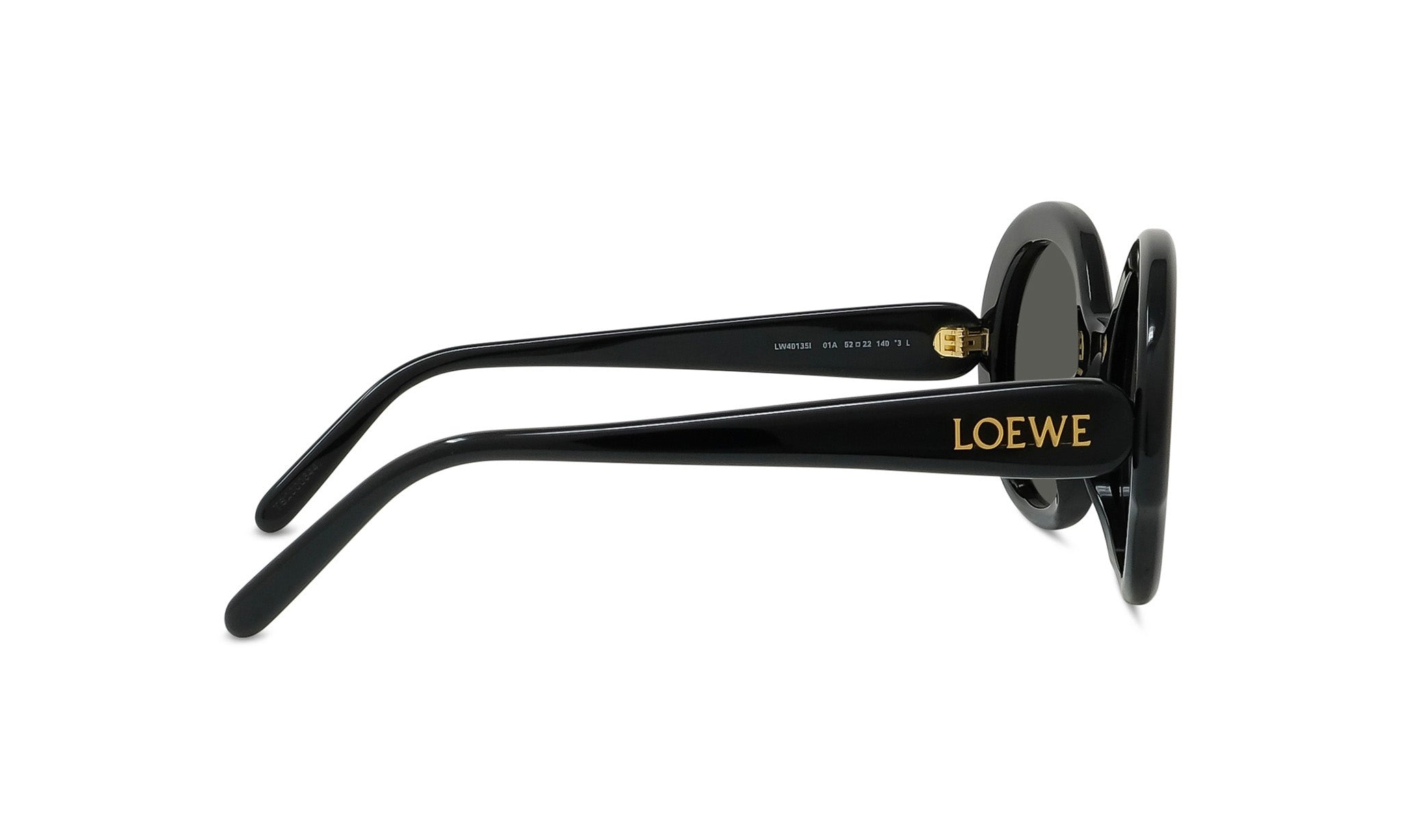A pair of black sunglasses with gold text on the frame.