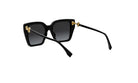 A pair of black sunglasses with gold accents, featuring a square frame and a bow-shaped design on the temples.