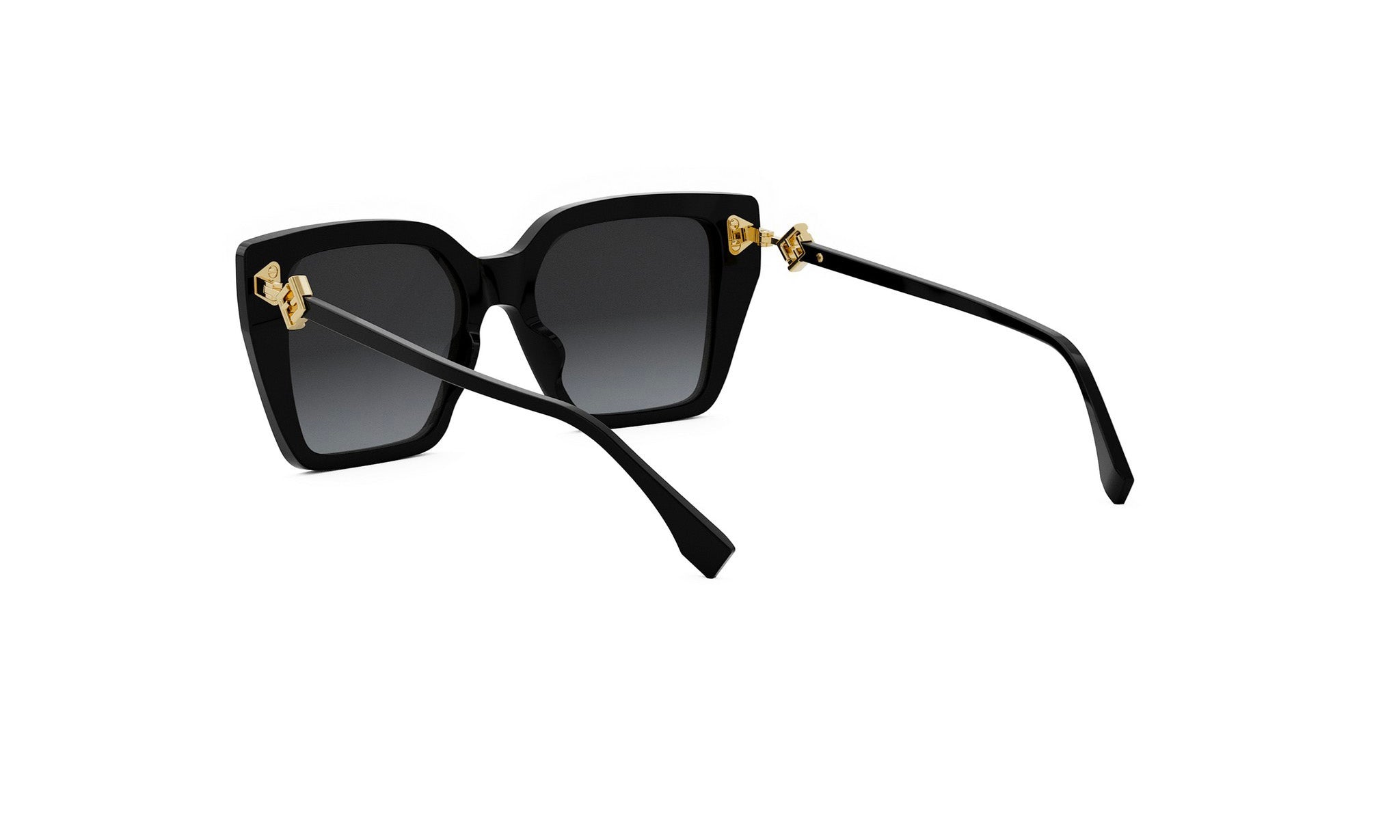 A pair of black sunglasses with gold accents, featuring a square frame and a bow-shaped design on the temples.