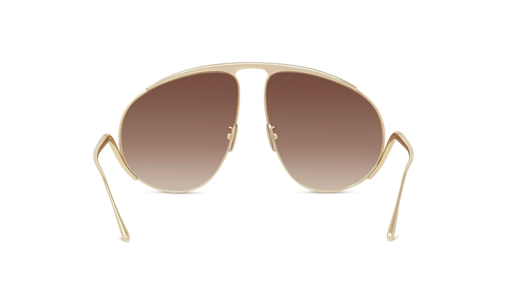 A pair of gold-colored sunglasses with a unique, avant-garde design.