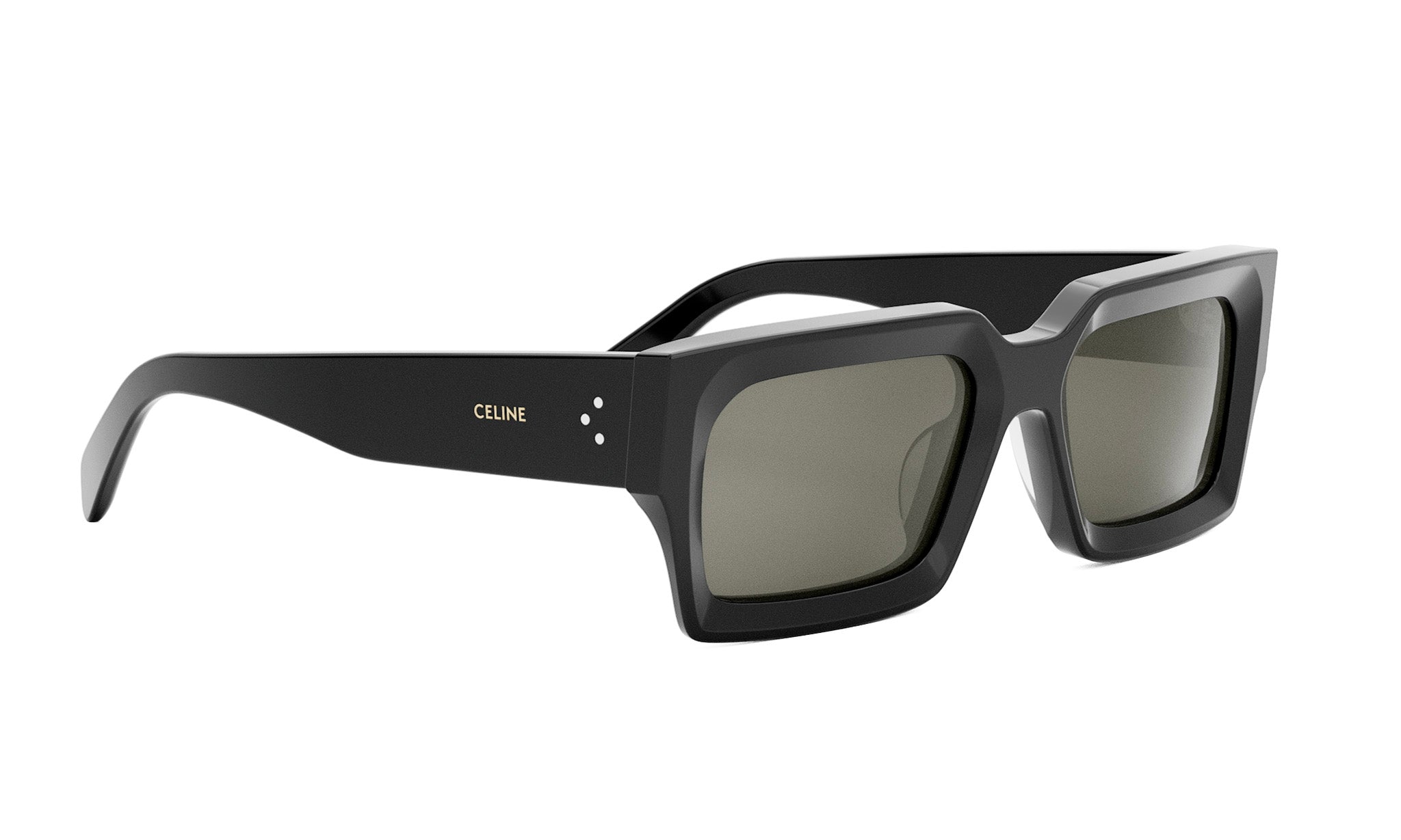 A pair of black sunglasses with a dark frame and dark lenses.