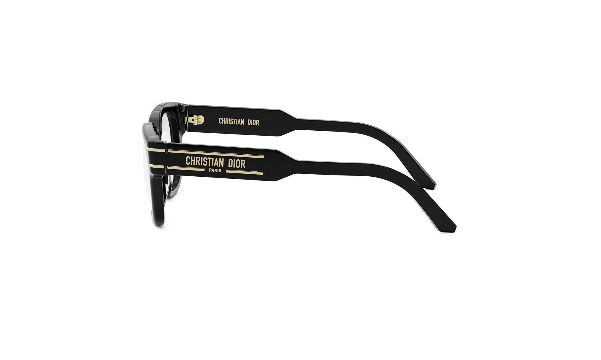 A pair of black Christian Dior glasses with gold text on the frame.