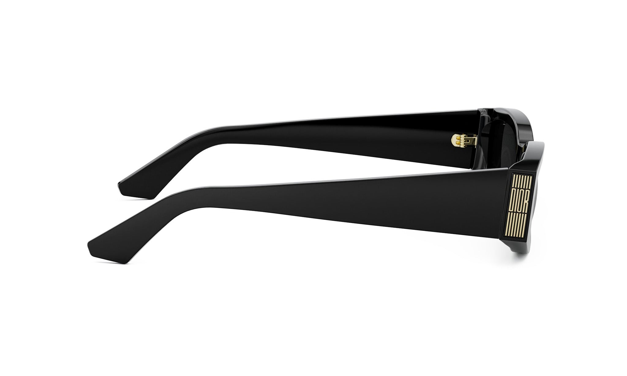 A pair of black sunglasses with gold accents.