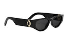 A pair of black sunglasses with a gold-colored diamond-shaped logo on the frame.