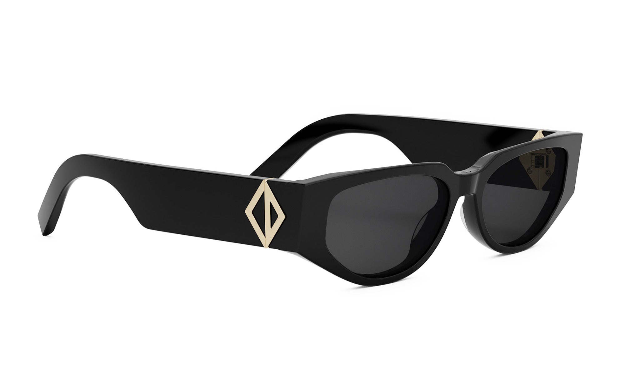 A pair of black sunglasses with a gold-colored diamond-shaped logo on the frame.