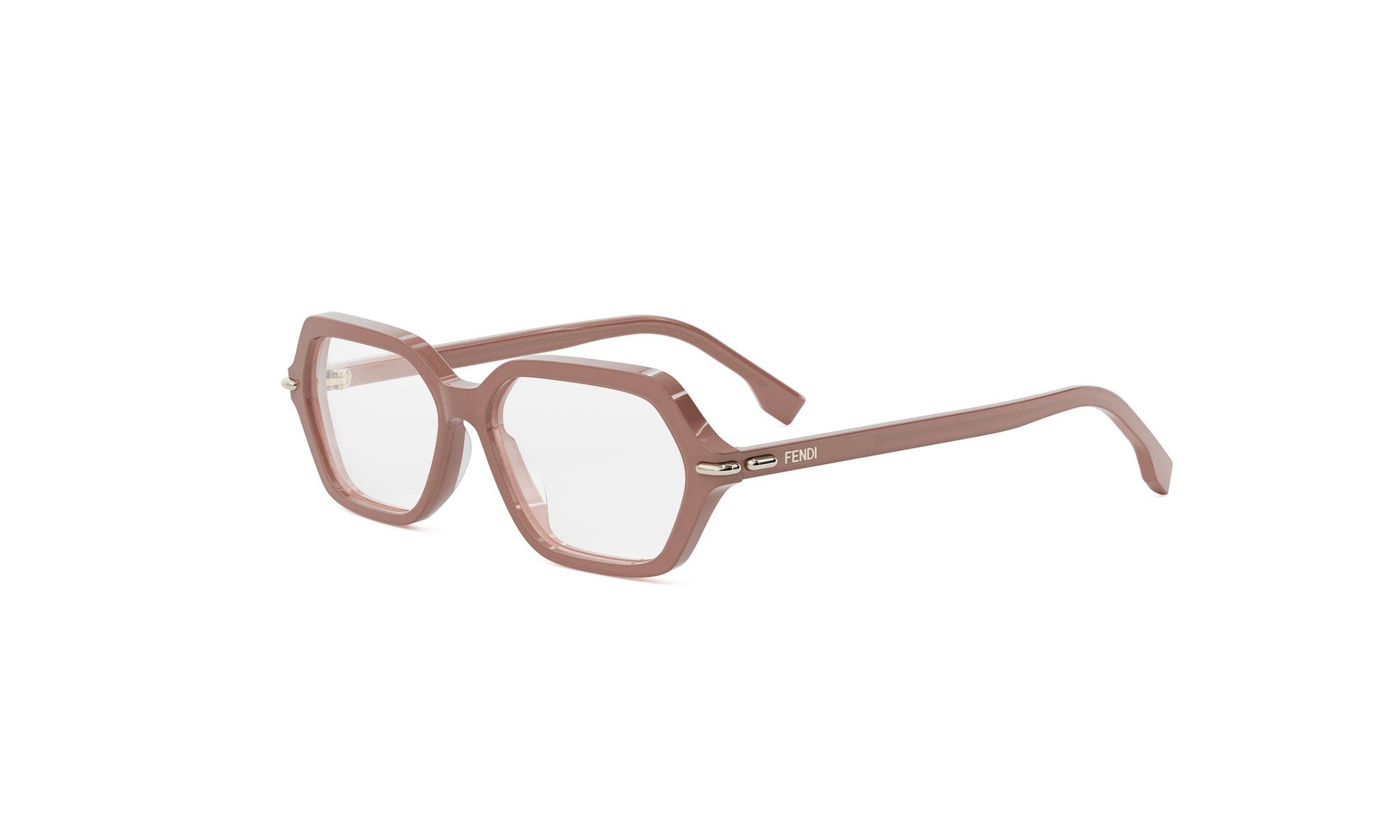A pair of brown-framed glasses with a hexagonal shape and clear lenses.