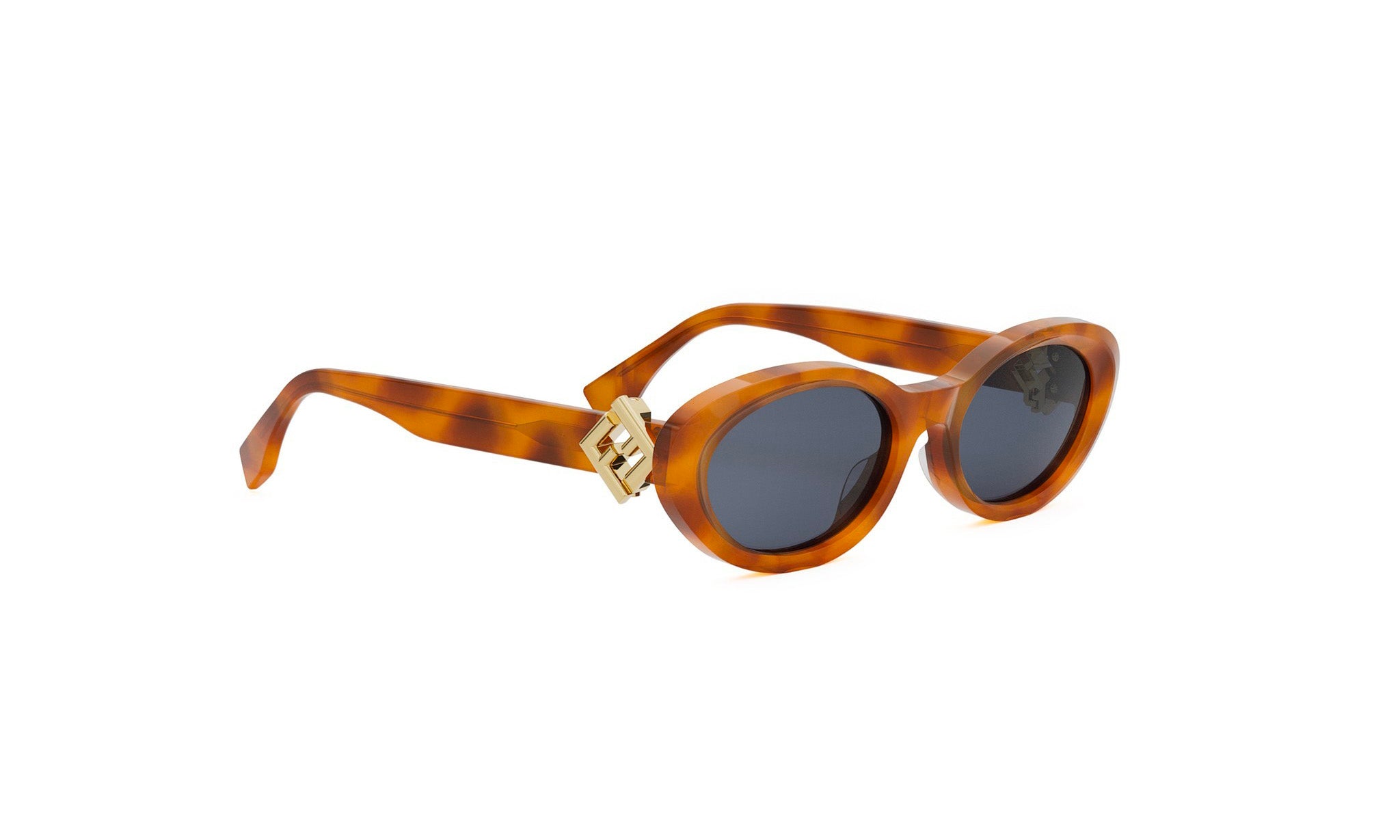 A pair of brown-tinted sunglasses with dark lenses, featuring a gold-colored frame and a gold-colored buckle.