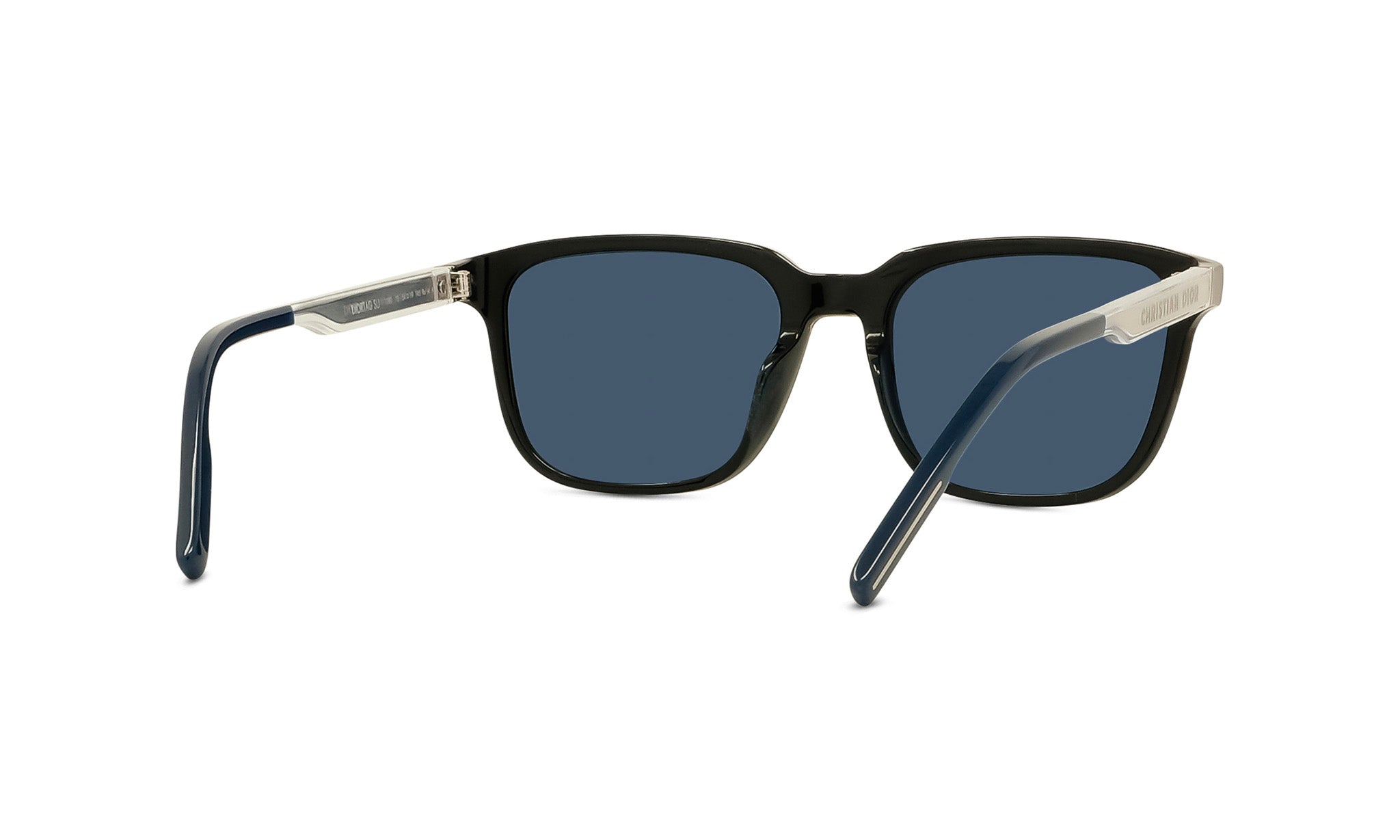 A pair of black sunglasses with dark blue lenses.