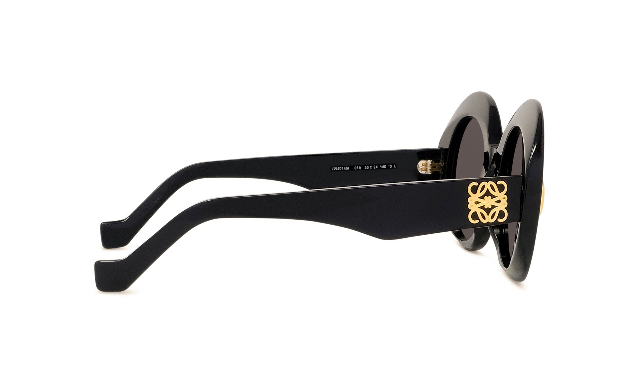 A pair of black sunglasses with gold accents, featuring a round frame and dark lenses.
