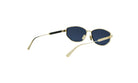 A pair of gold-colored sunglasses with dark blue lenses.