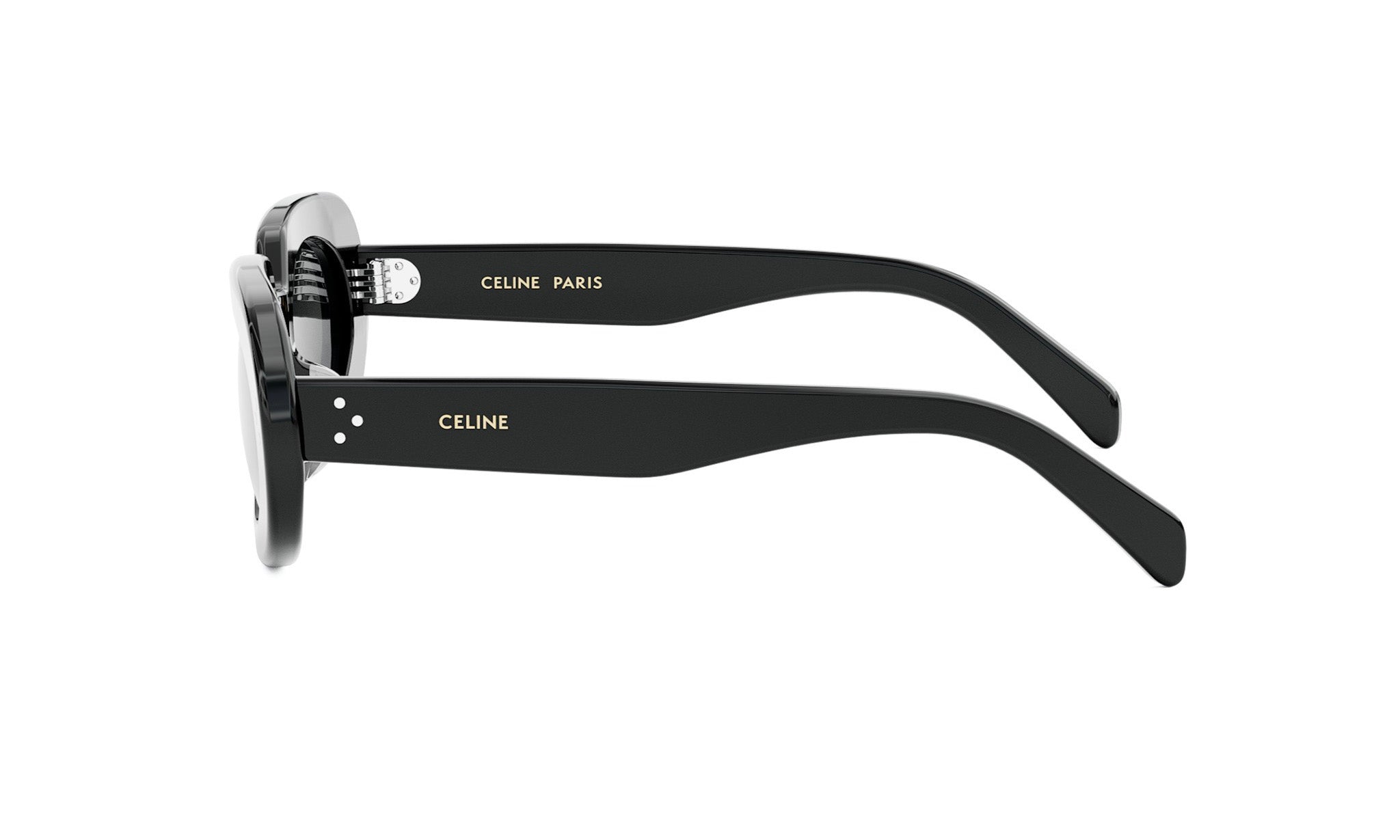 A pair of black sunglasses with the Celine Paris logo on the frame.