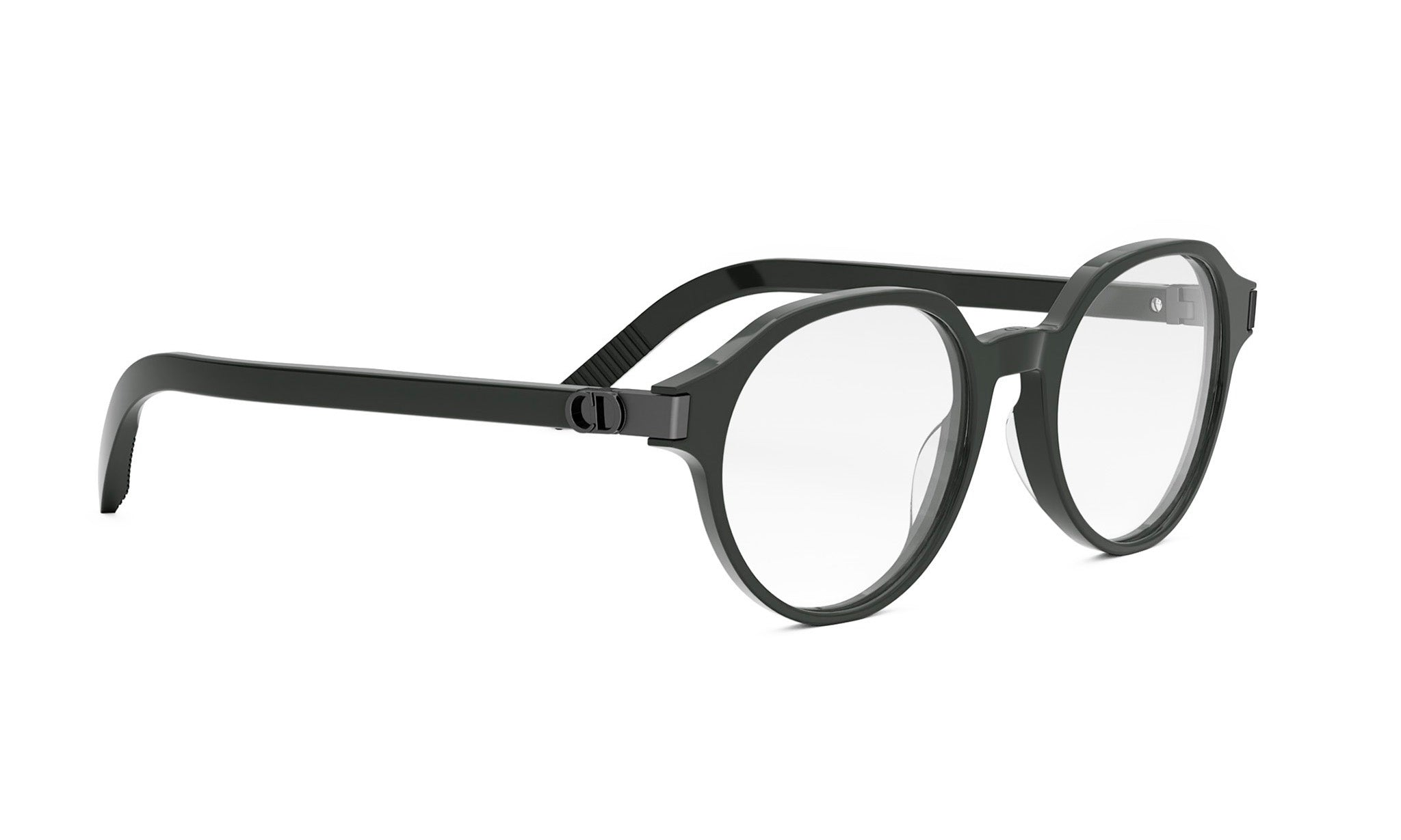 A pair of black-framed glasses with clear lenses is shown against a white background.