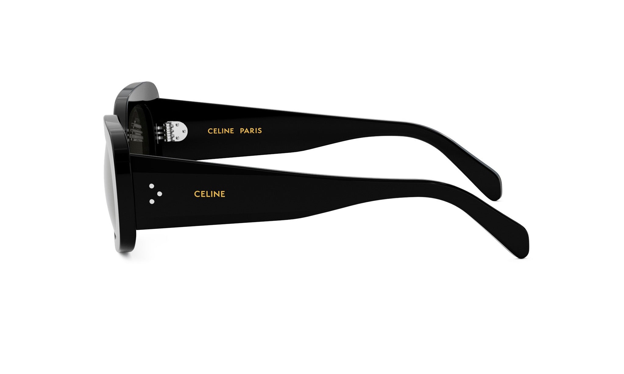 A pair of black sunglasses with the Celine logo on the frame.