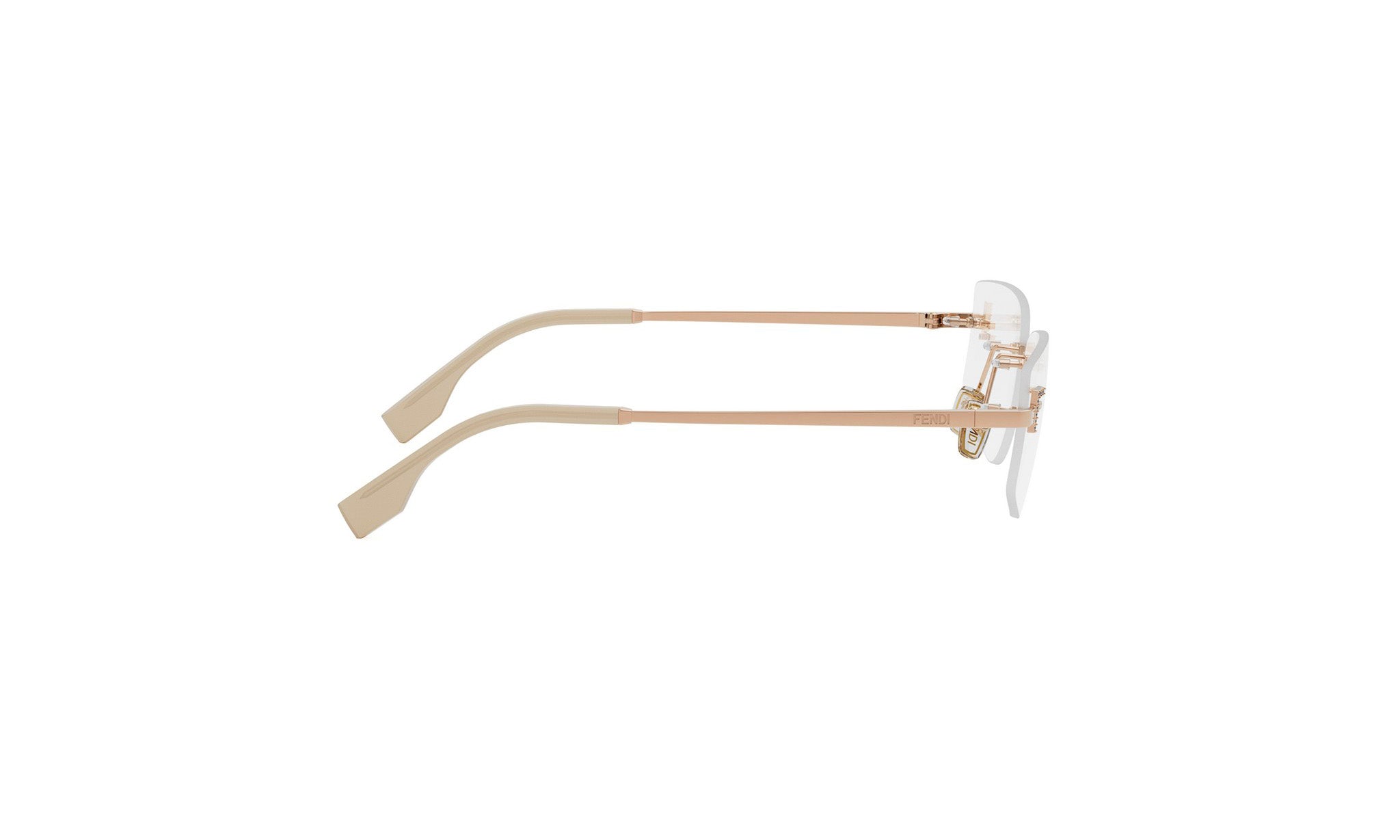 A pair of beige-framed glasses with clear lenses, positioned side by side against a white background.