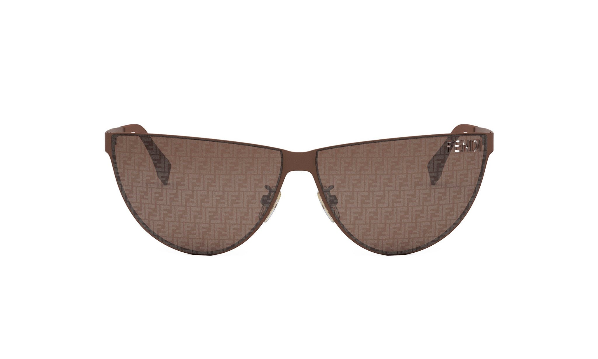 A pair of brown sunglasses with a distinctive Fendi logo on the temples.